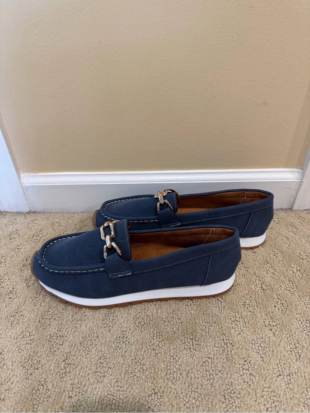 Women's Navy Chain-Trim Slip-On Loafers